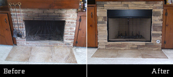Firebox rebuild before and after with damaged brick firebox on the left and rebuilt stone firebox on the right