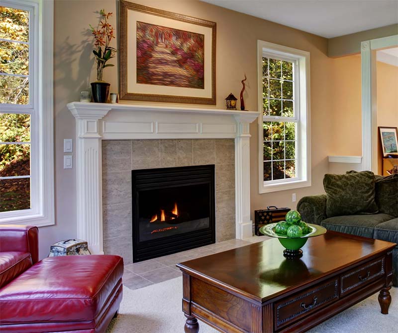 lit fireplace in living room